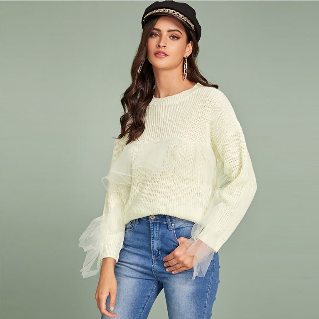 Autumn Winter Ladies Casual Knitted Sweater Mesh Ruffled Stitching Women Top Sweater